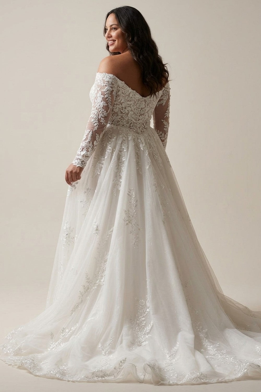 Plus-Size Embellished A-Line Wedding Dress With Off-the-Shoulder Long Sleeves — plus-size render