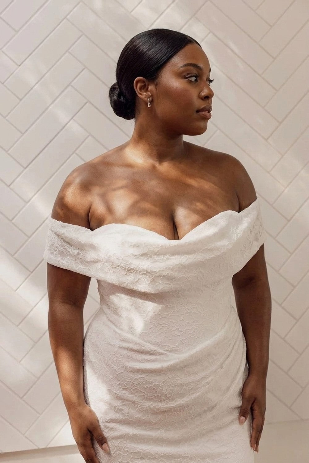 Plus-Size Modern and Sculpted Sheath Wedding Dress with Floral Lace — plus-size render