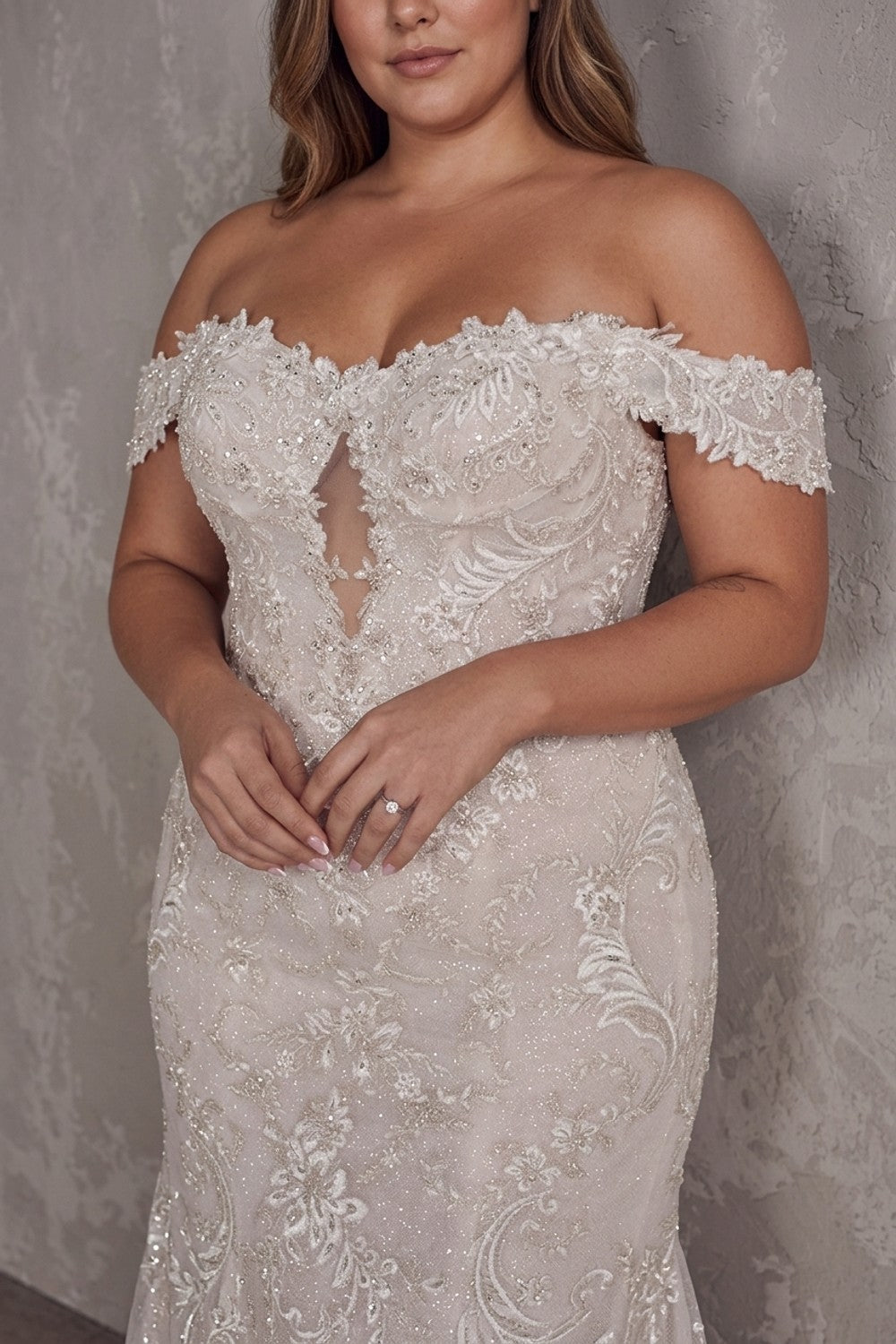 Plus-Size Off-the-Shoulder Sweatheart Fit-and-Flare Wedding Dress — plus-size render