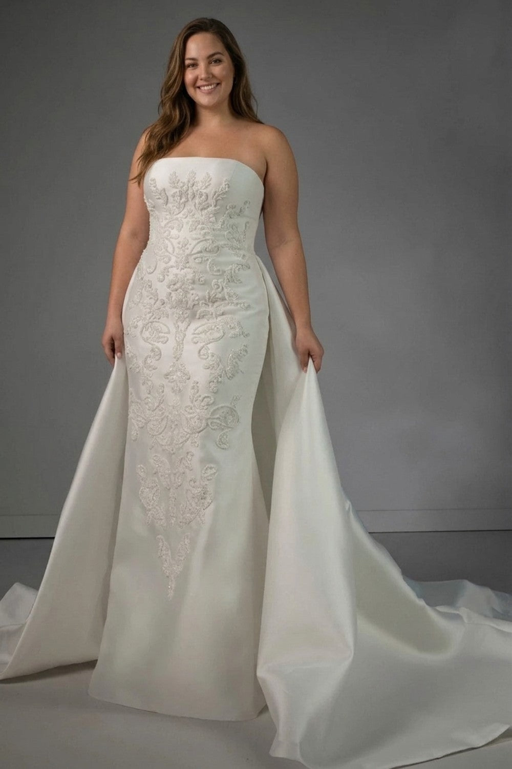 Plus-Size Strapless Sheath Wedding Dress with Intricate Detailing and Detachable Train — plus-size render