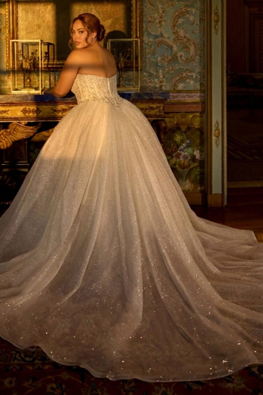 Plus-Size Strapless Shimmering Basque-Waist Ball Gown — plus-size render