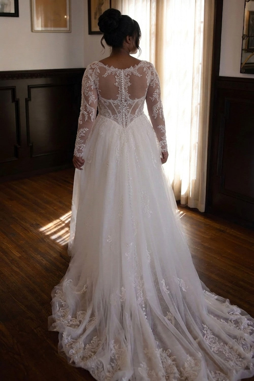 Plus-Size Romantic and Detailed Long Sleeve A-Line Wedding Dress — plus-size render
