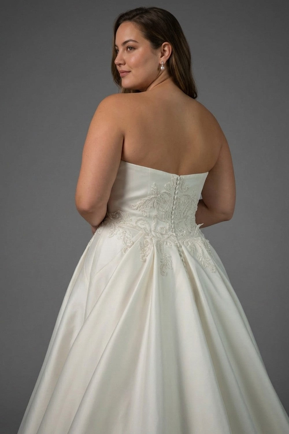 Plus-Size Strapless Sheath Wedding Dress with Intricate Detailing and Detachable Train — plus-size render