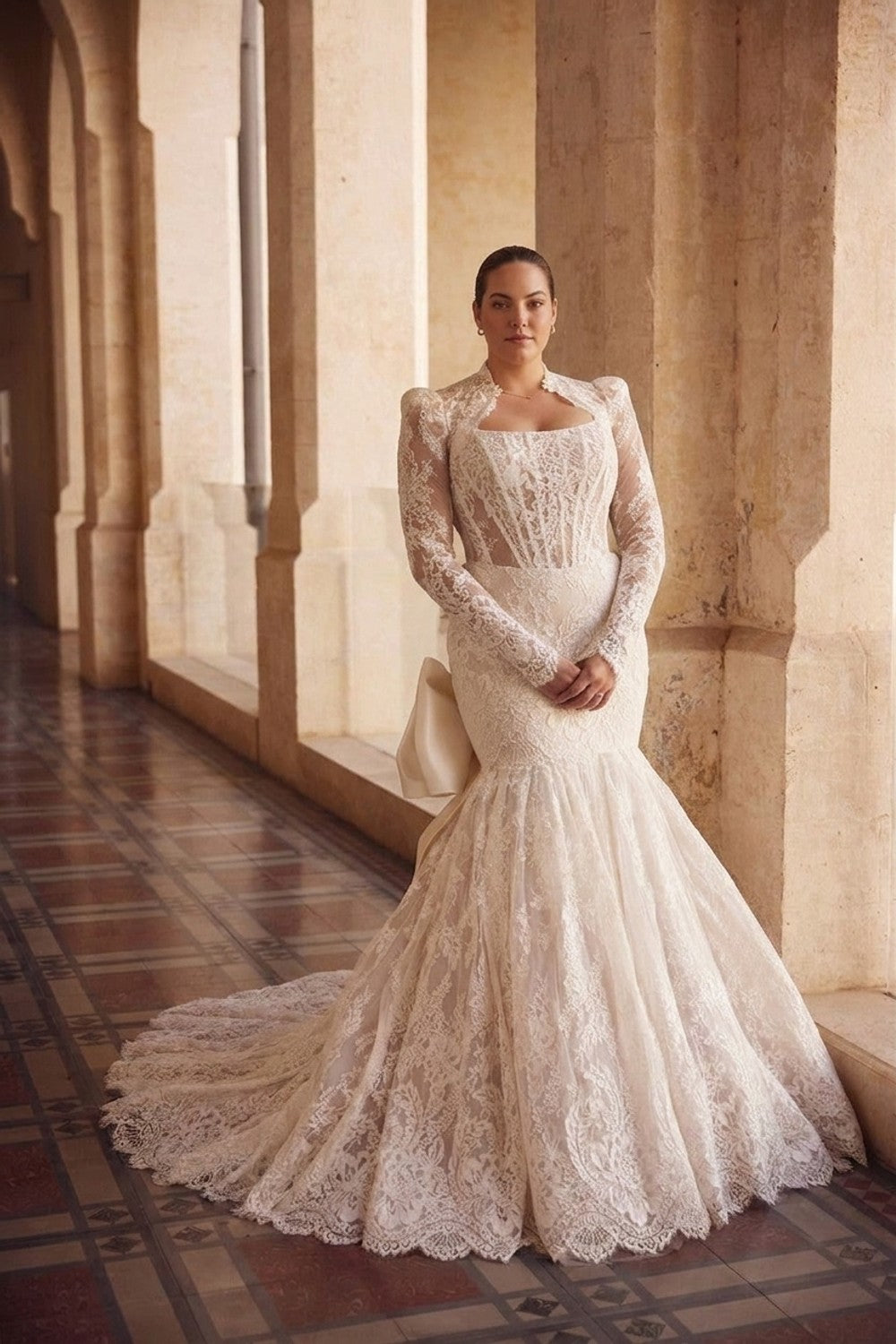 Plus-Size Lace Mermaid Wedding Dress With Detachable Gloves And Bolero — plus-size render