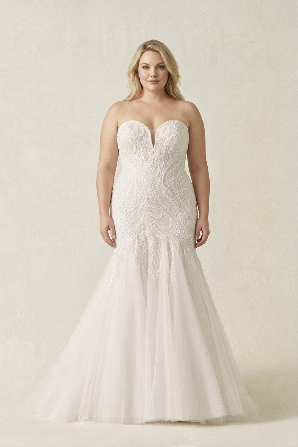 Plus-Size Strapless Lace Fit-and-Flare Wedding Dress With Tulle Skirt — plus-size render