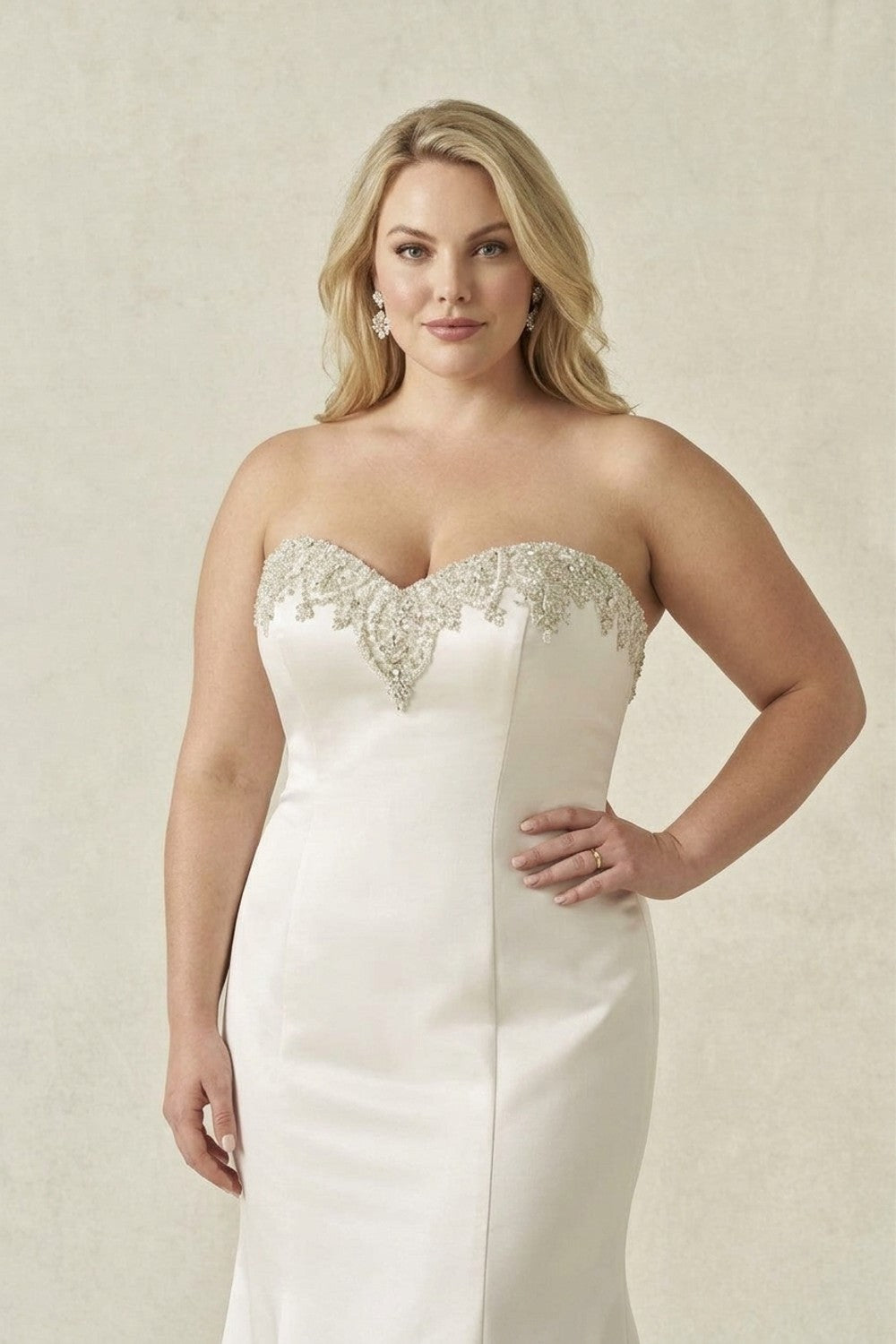 Plus-Size Sleek Embellished Satin Fit-And-Flare Wedding Dress With Buttons — plus-size render
