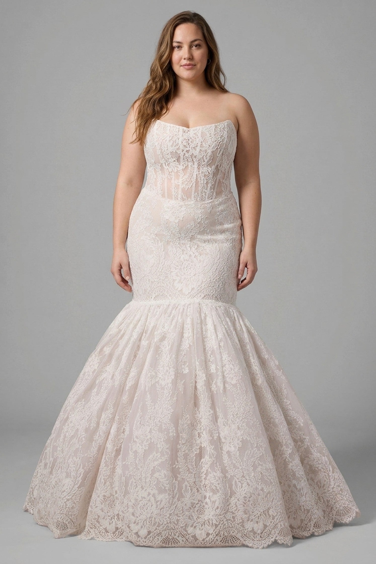 Plus-Size Lace Mermaid Wedding Dress With Detachable Gloves And Bolero — plus-size render