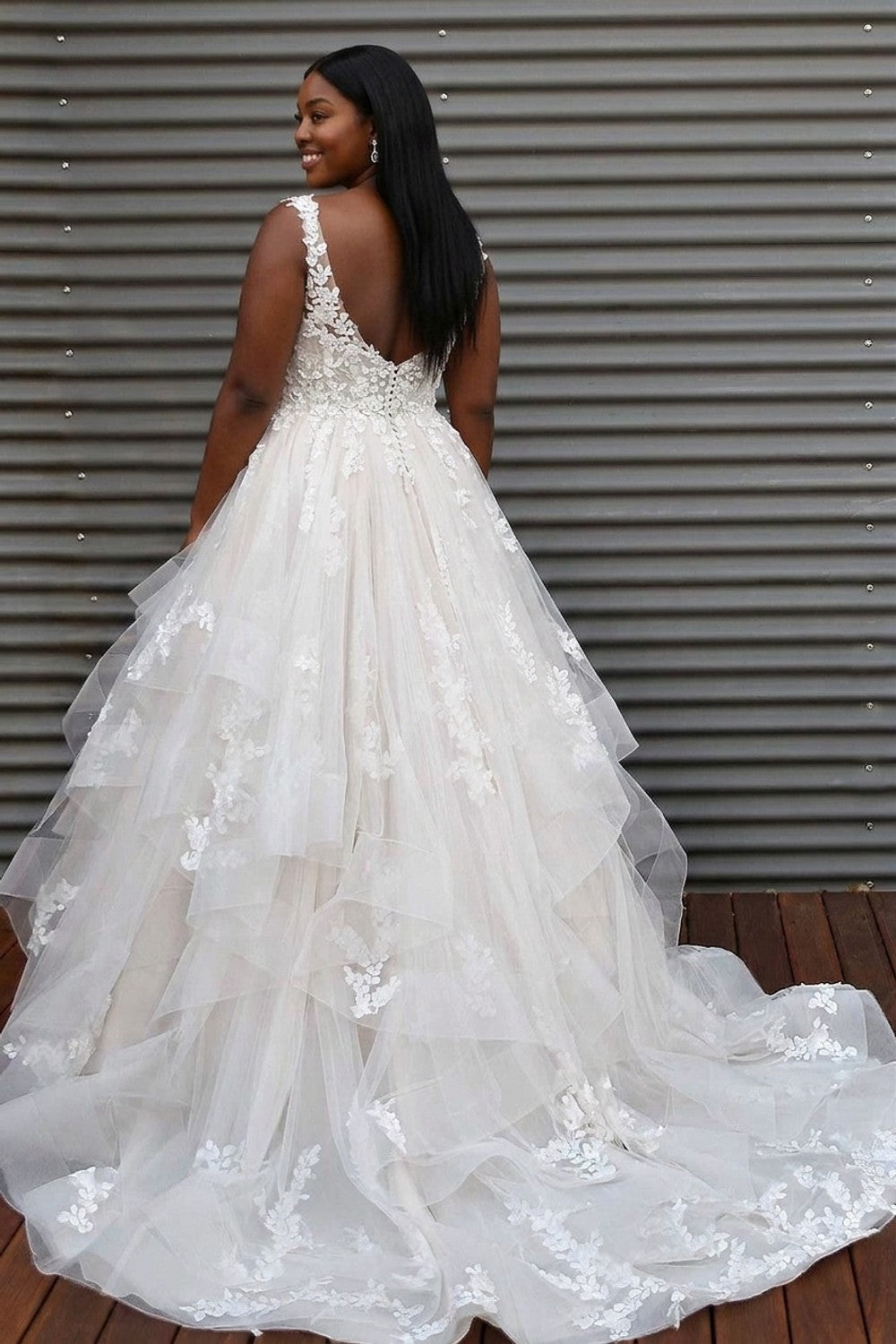 Plus-Size Lace Ball Gown Wedding Dress With Layered Skirt — plus-size render