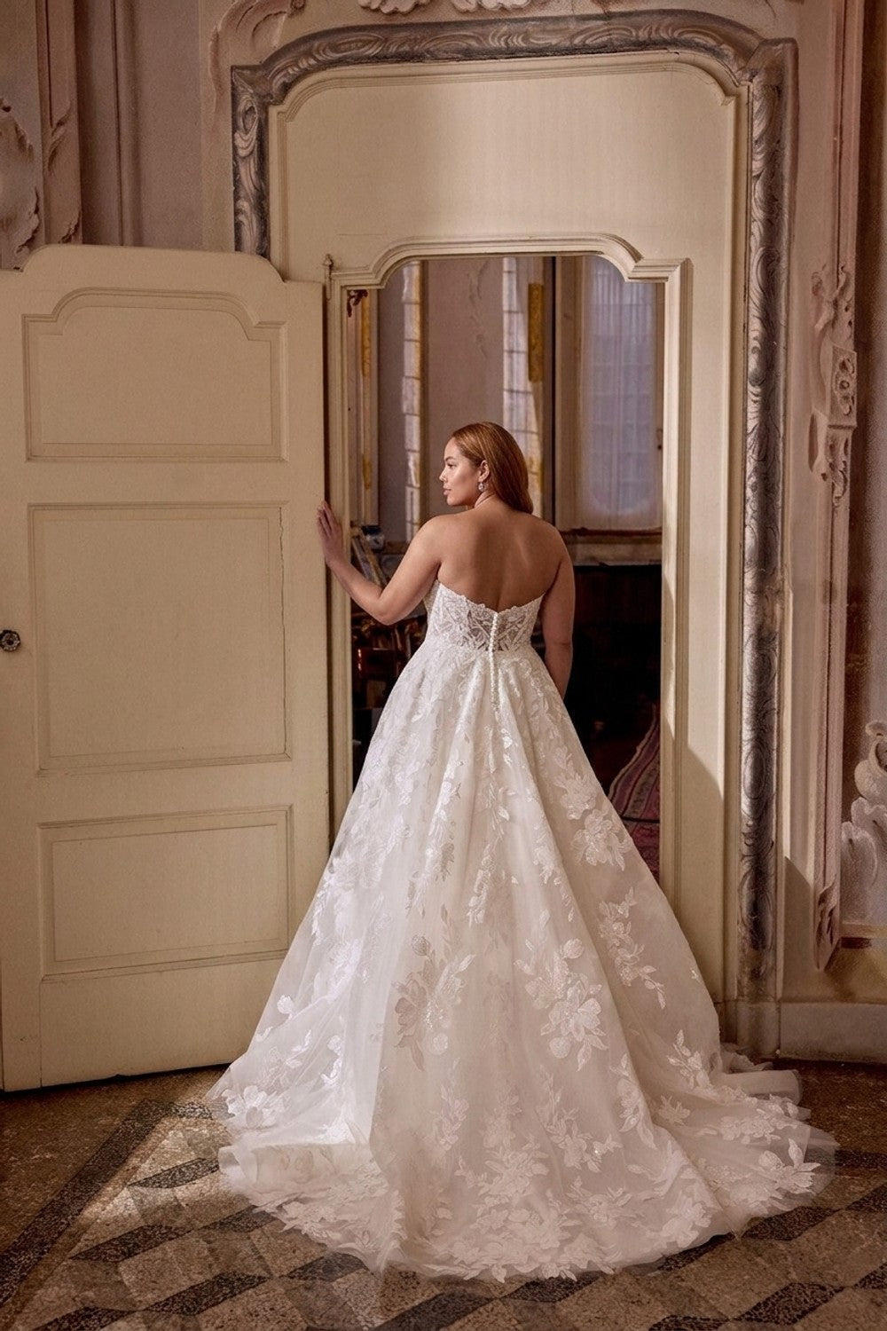 Plus-Size Romantic And Sparkly Floral Lace Ball Gown With Buttons — plus-size render