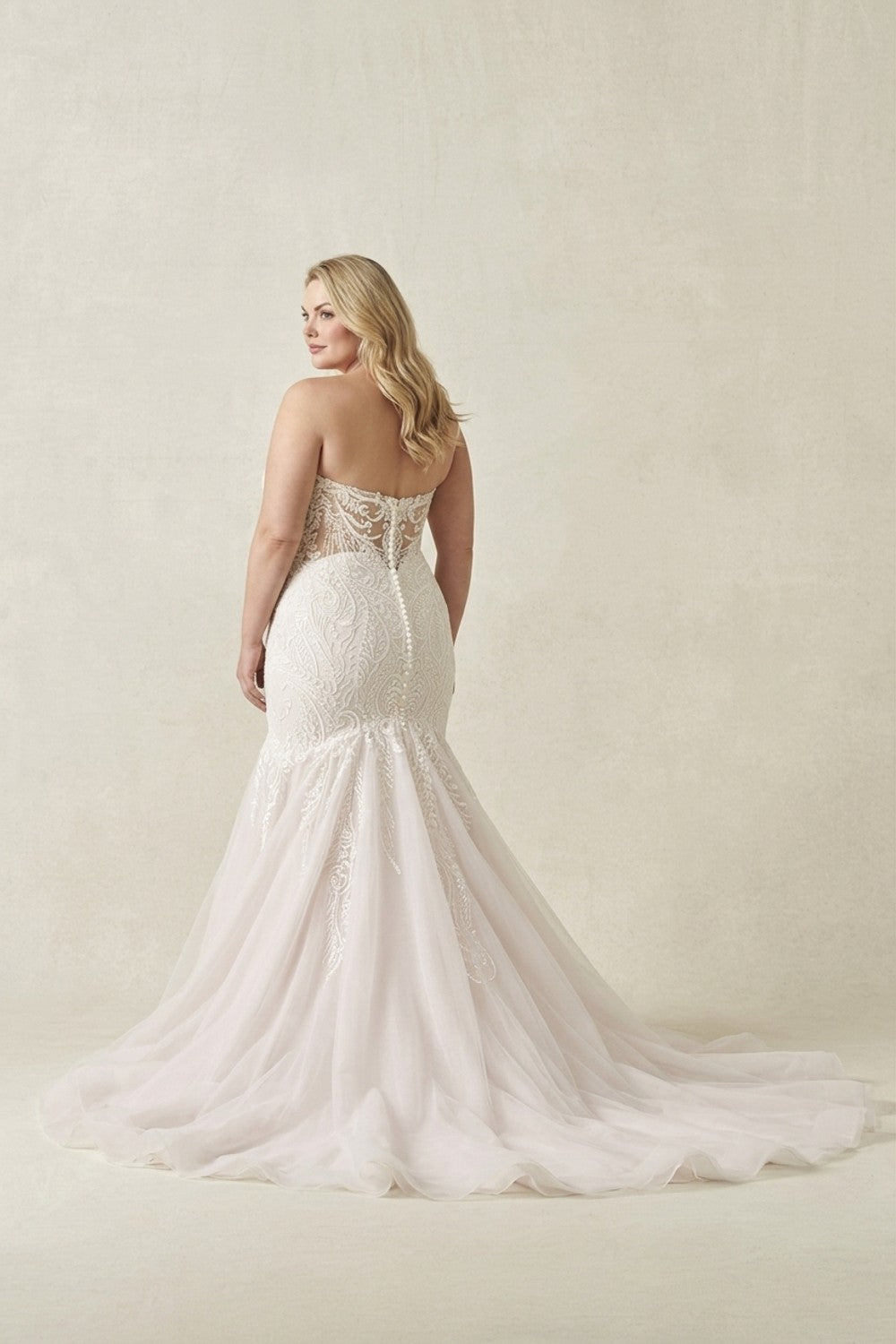Plus-Size Strapless Lace Fit-and-Flare Wedding Dress With Tulle Skirt — plus-size render