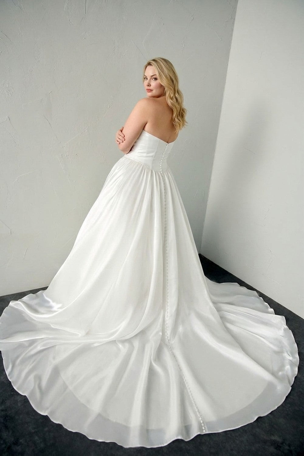 Plus-Size Strapless Ruched Ball Gown with 3D Floral Detail — plus-size render