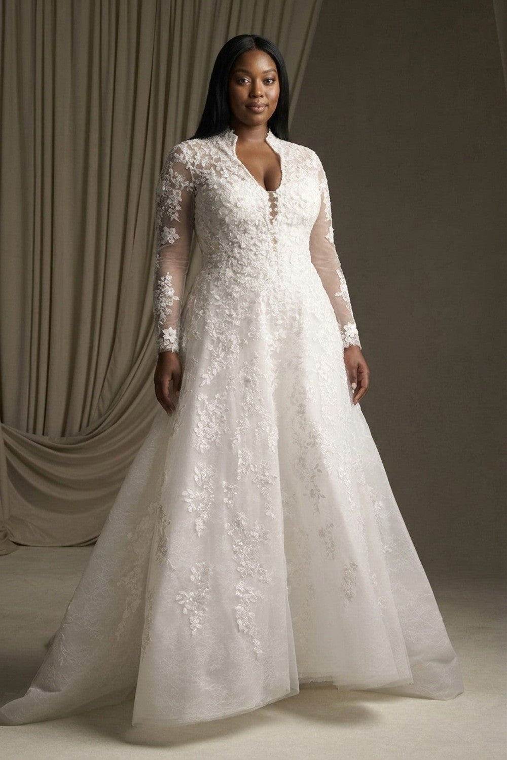 Plus-Size Regal Long Sleeve Sparkly Lace A-Line Wedding Dress With Buttons