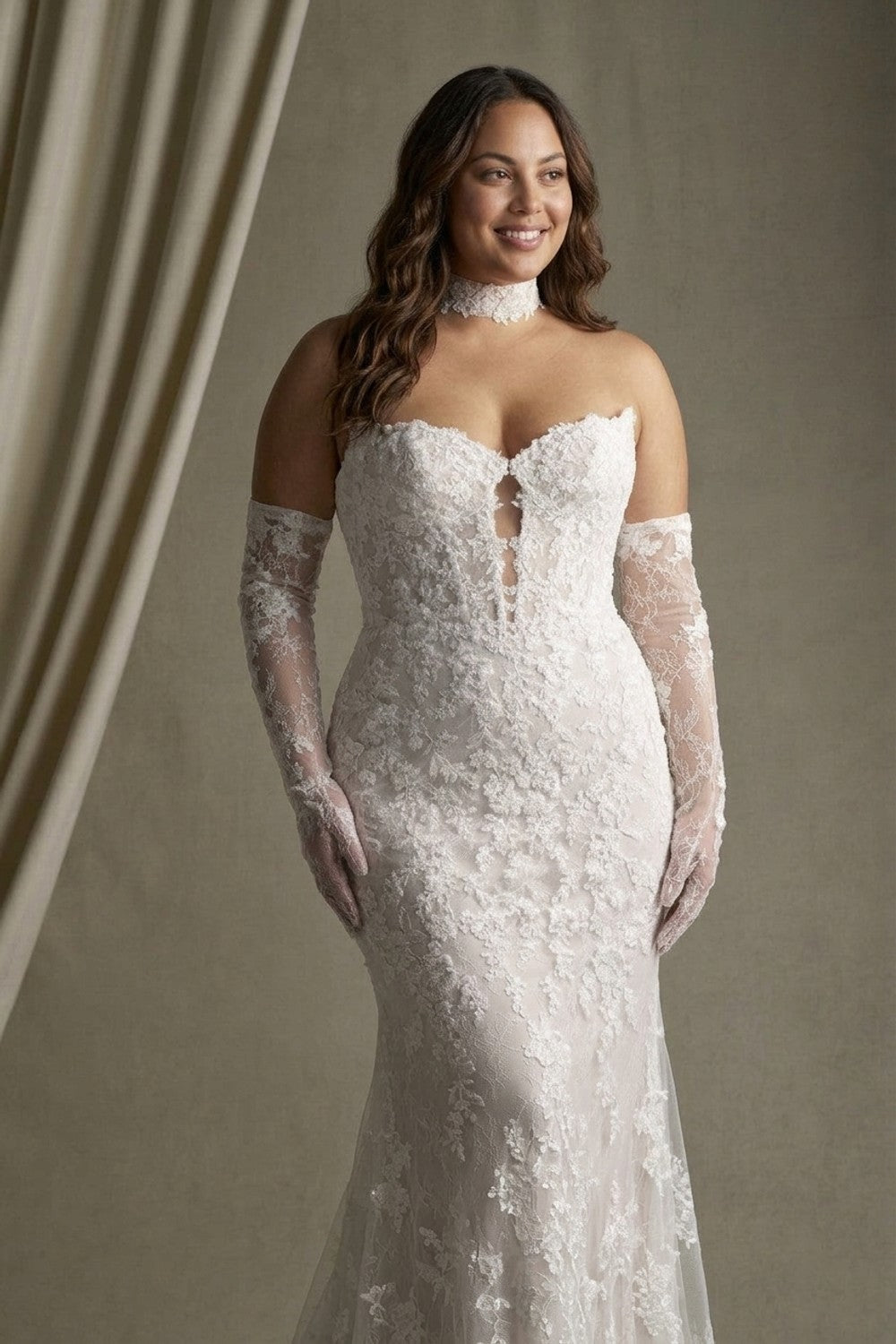 Plus-Size Sleek Lace Sheath Gown With Cat-Eye Neckline | Kleinfeld Bridal Plus-Size Sleek Lace Sheath Gown With Cat-Eye Neckline | Kleinfeld Bridal