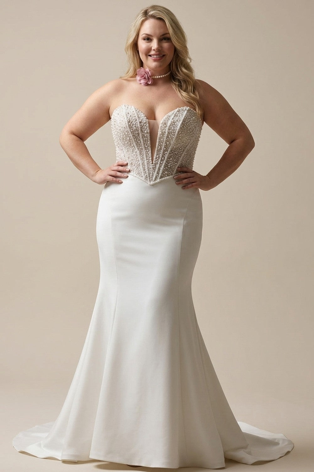 Plus-Size Embellished Fit-And-Flare Wedding Dress With Overskirt — plus-size render