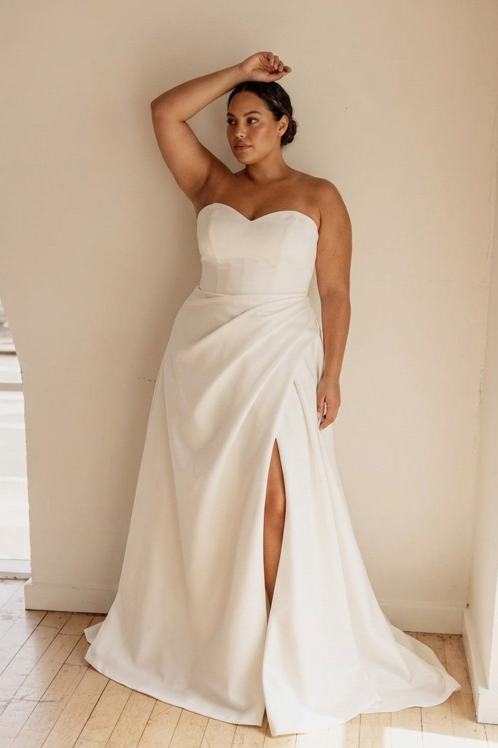 Plus-Size Modern A-Line Wedding Dress with Pleating — plus-size render