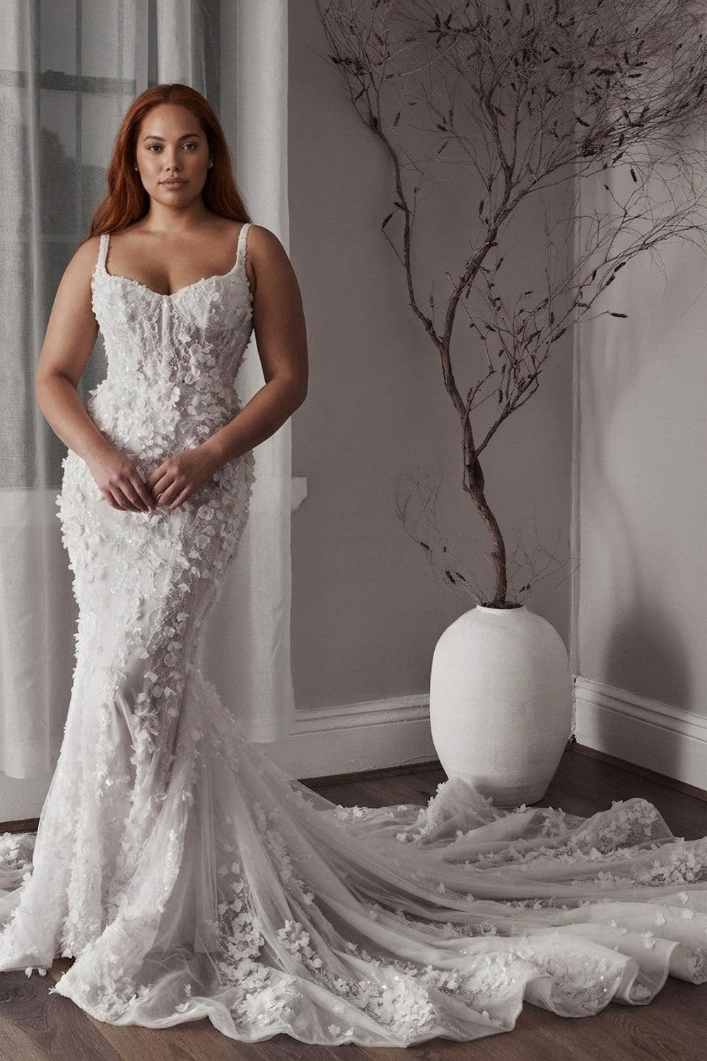 Plus-Size 3D Floral Fit-and-Flare Dress | Kleinfeld Bridal Plus-Size 3D Floral Fit-and-Flare Dress | Kleinfeld Bridal