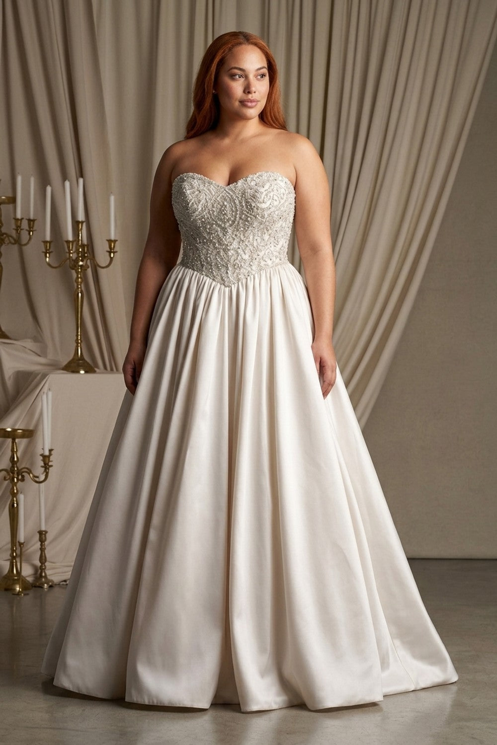 Plus-Size Glamorous Embellished Satin Basque-Waist Ball Gown With Buttons — plus-size render