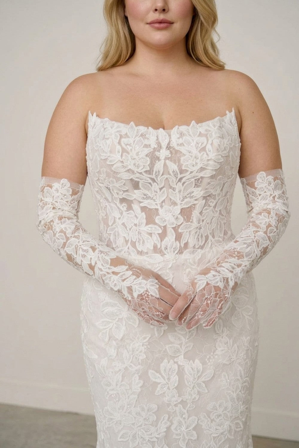 Plus-Size Strapless Lace Fit-And-Flare Wedding Dress With Detachable Sleeves | Kleinfeld Bridal Plus-Size Strapless Lace Fit-And-Flare Wedding Dress With Detachable Sleeves | Kleinfeld Bridal