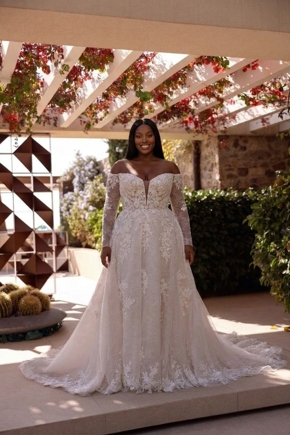 Plus-Size Romantic Off-The-Shoulder A-Line Wedding Dress with Floral Detailing — plus-size render