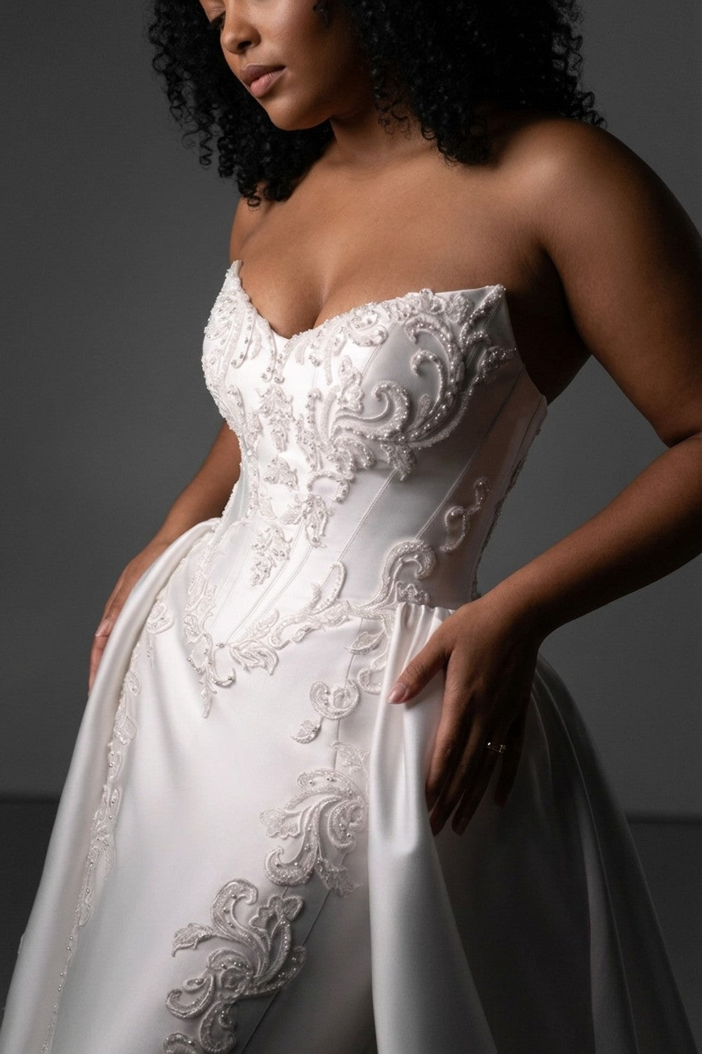 Plus-Size Regal And Dramatic Embellished Lace Fit-And-Flare Wedding Dress With Overskirt — plus-size render