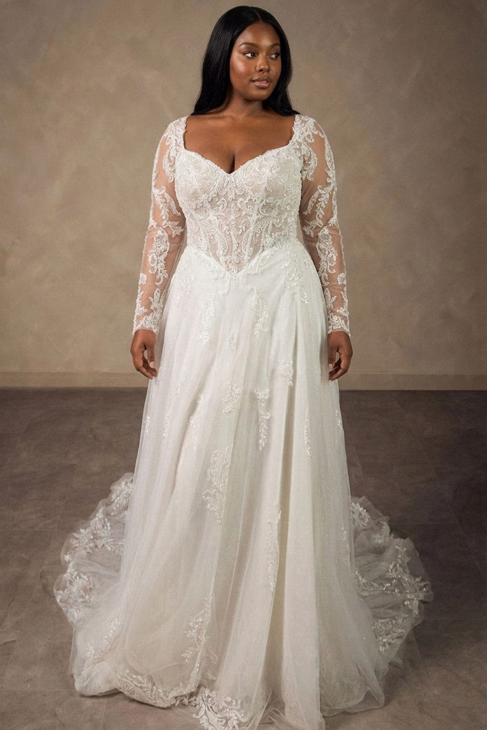 Plus-Size Romantic and Detailed Long Sleeve A-Line Wedding Dress — plus-size render