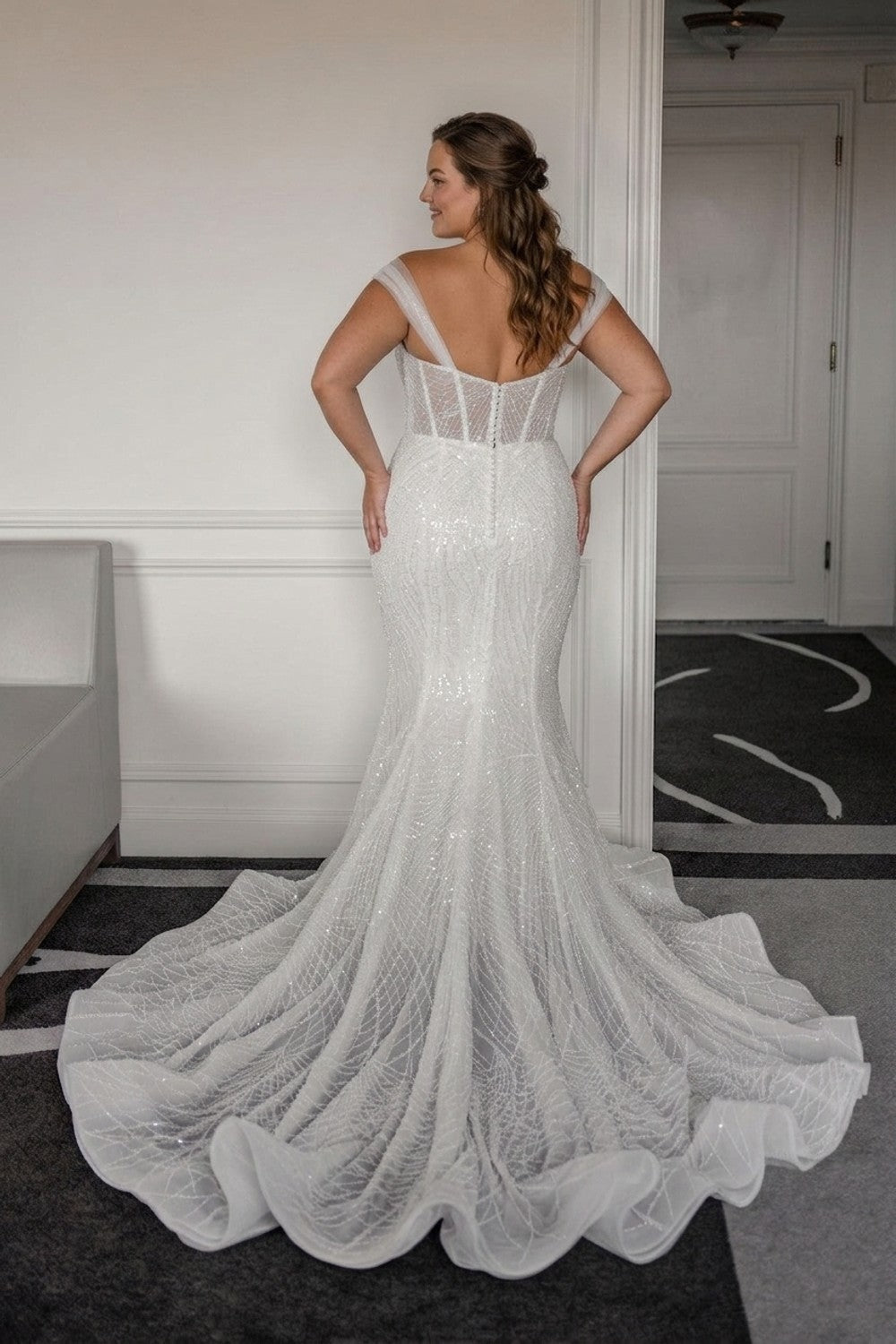 Plus-Size Chic And Modern Embellished Fit-and-Flare Wedding Dress — plus-size render