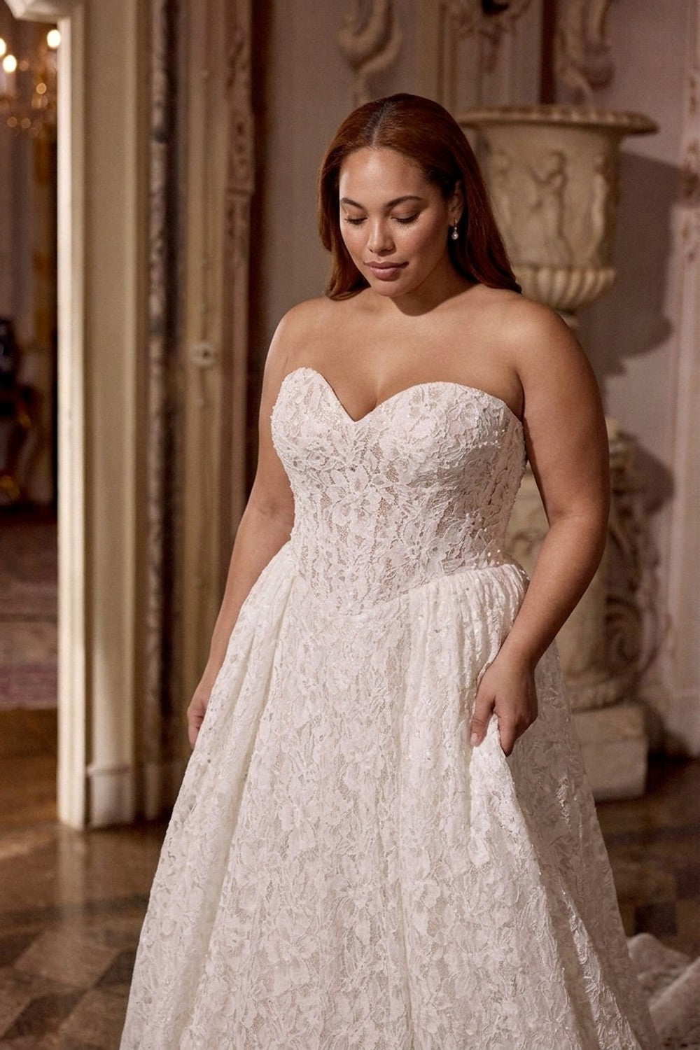 Plus-Size Strapless Basque-Waist Lace Ball Gown With Buttons — plus-size render