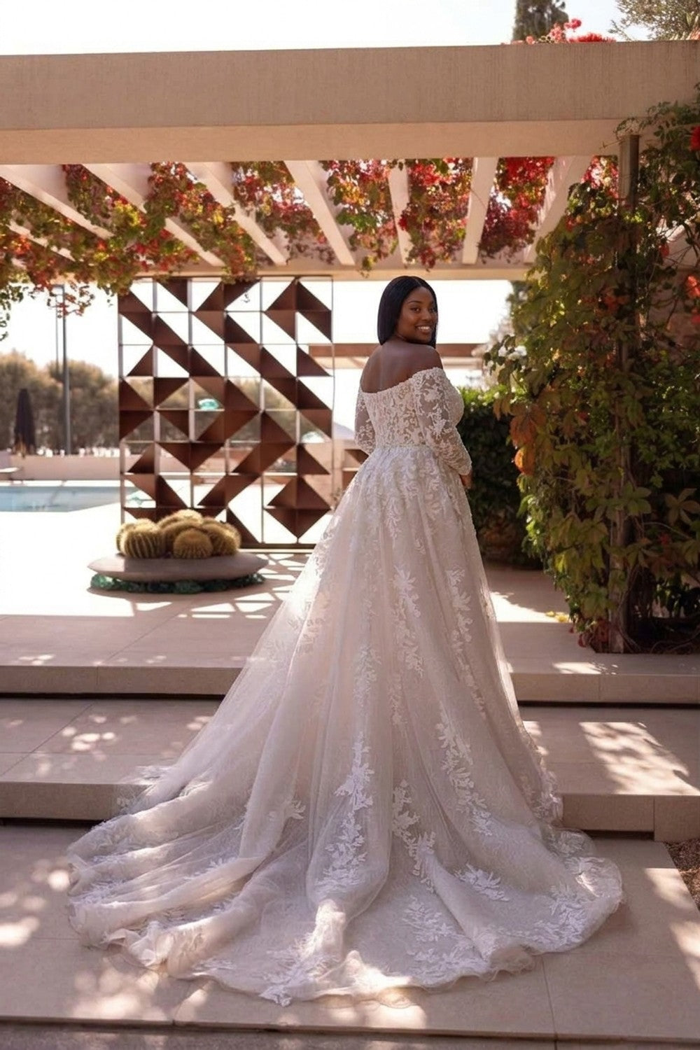 Plus-Size Romantic Off-The-Shoulder A-Line Wedding Dress with Floral Detailing — plus-size render