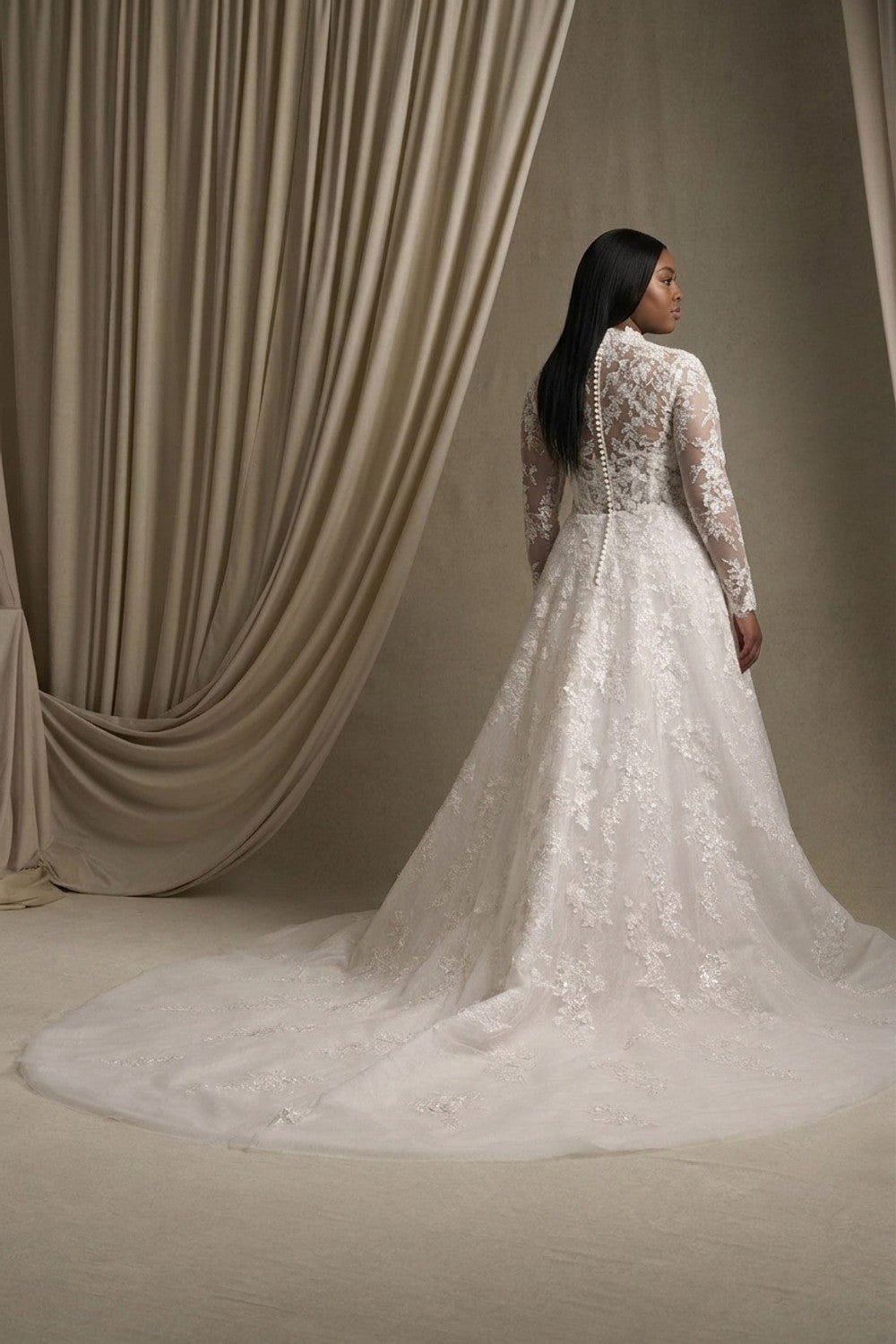 Plus-Size Regal Long Sleeve Sparkly Lace A-Line Wedding Dress With Buttons — plus-size render