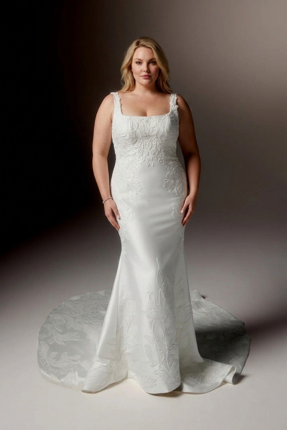 Plus-Size Square Neck Fit-And-Flare Wedding Dress with Ivory Embroidered Soutache Throughout — plus-size render