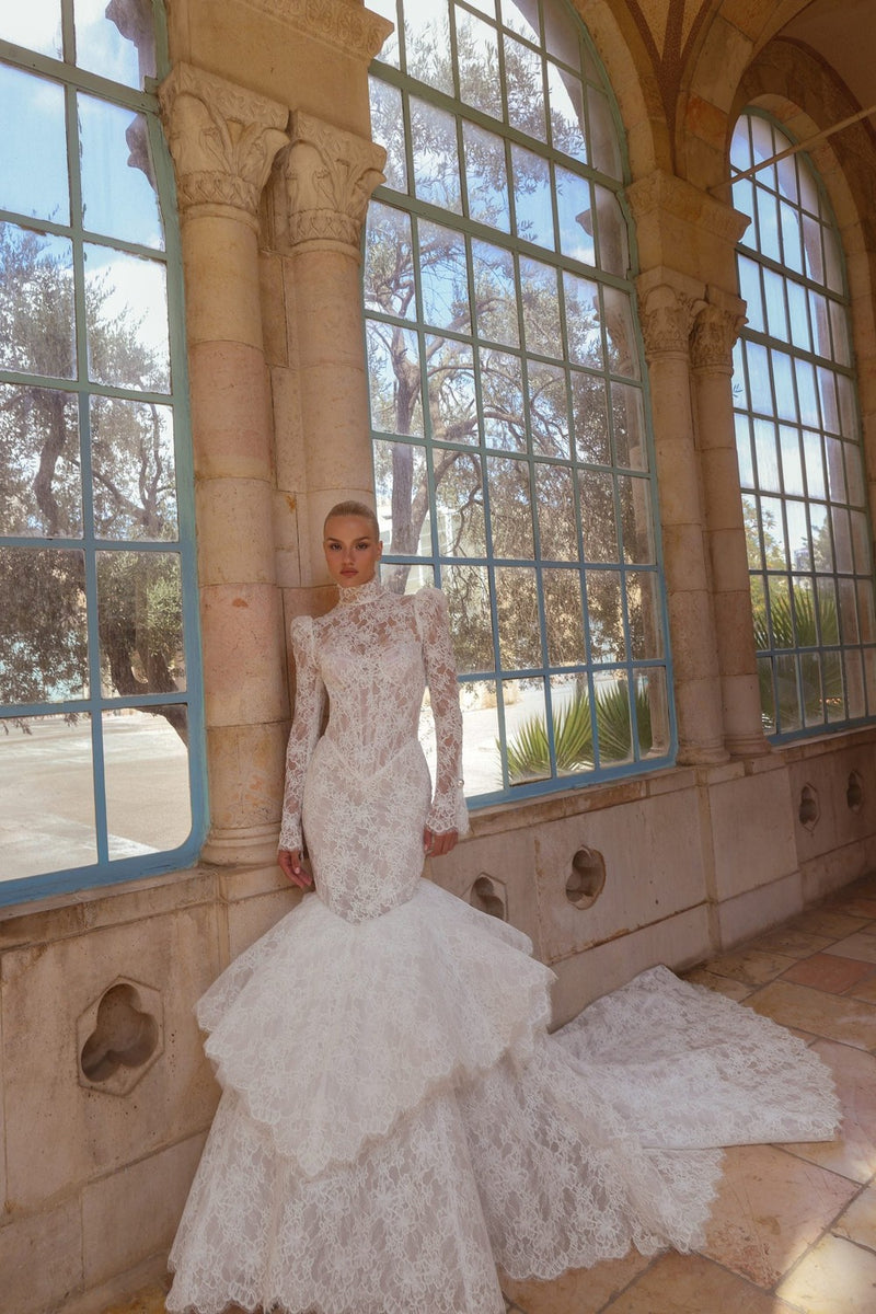 knee length dresses for ladies Vintage Lace V-Neck Off The Shoulder Long Sleeves Mermaid Wedding Dresses, CW0367 US4 / Custom Color(Leaving A note)