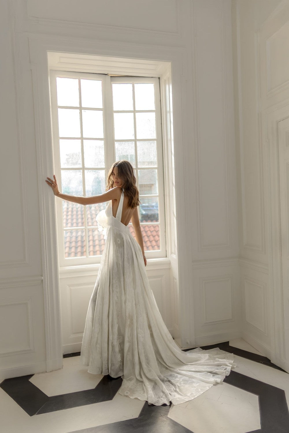 Chic V-Neck Floral Jacquard A-Line Gown | Kleinfeld Bridal