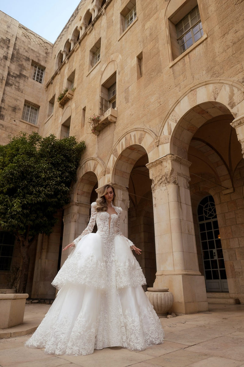 Dramatic Long Sleeve Lace And Silk Organza Ball Gown