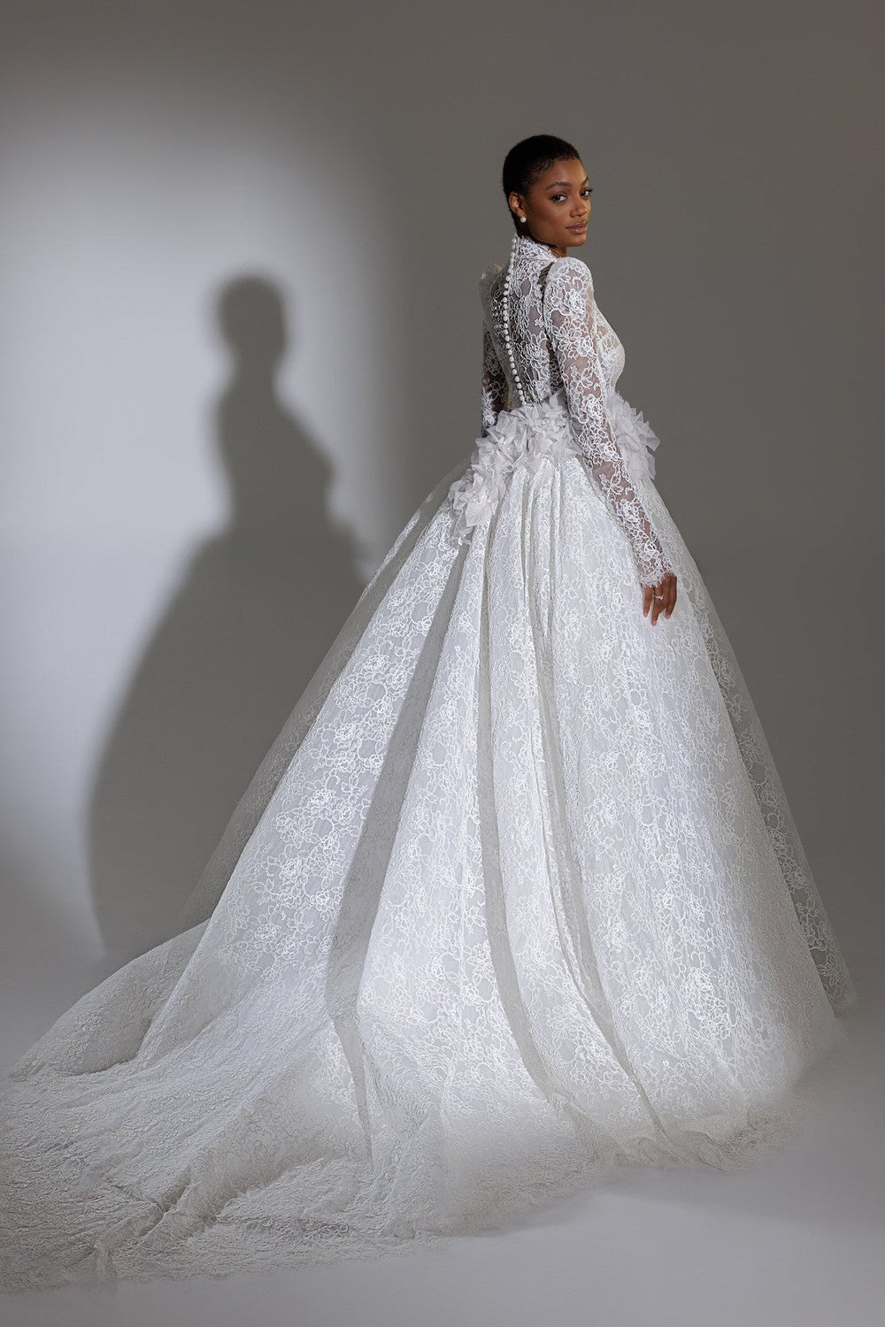High Collar Long Puff Sleeve Lace Ballgown Wedding Dress by Pnina Tornai — image 2 of 2