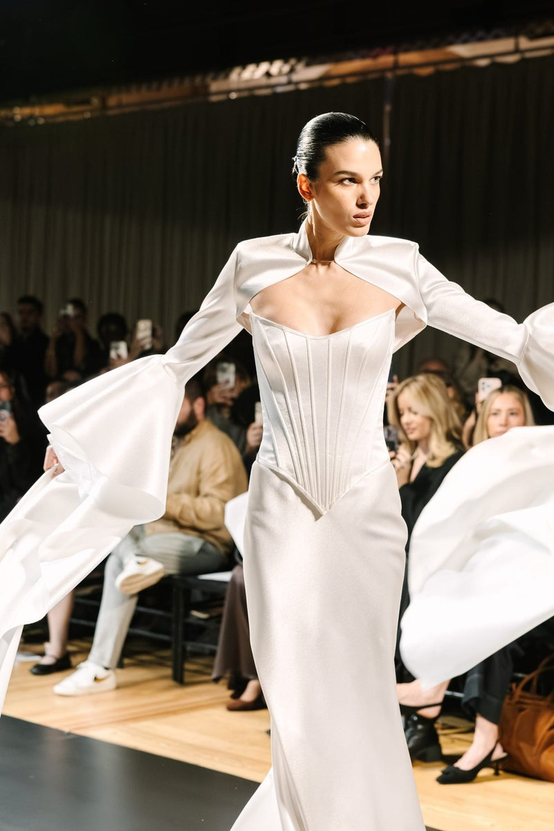 Minimalist Satin Fit-And-Flare Wedding Dress With Corset Bodice And  Detachable Bolero