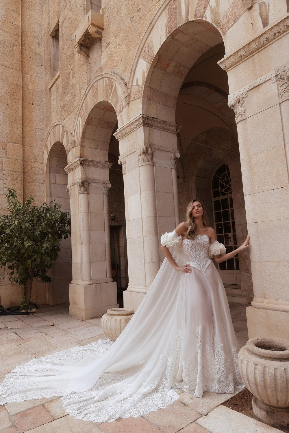 Romantic Strapless Lace And Silk Organza A-Line Wedding Dress With Cape by Pnina Tornai — image 1 of 2