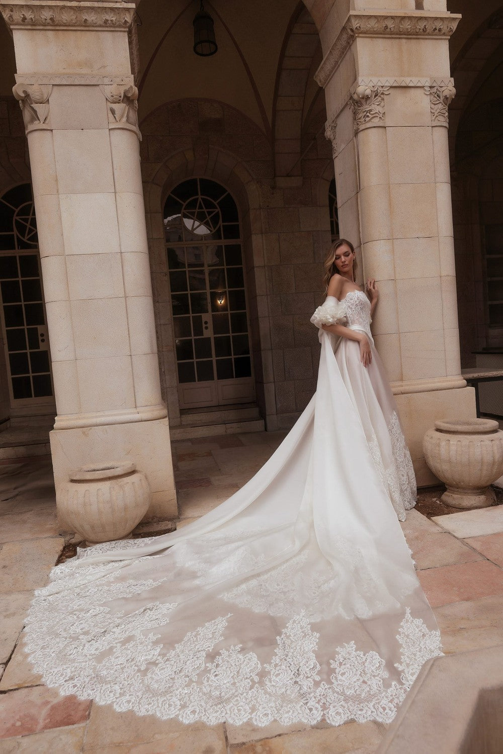 Romantic Strapless Lace And Silk Organza A-Line Wedding Dress With Cape by Pnina Tornai — image 2 of 2