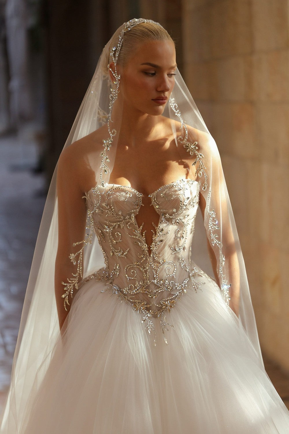 Sparkly Strapless Basque-Waist Tulle Ball Gown by Pnina Tornai — image 2 of 4