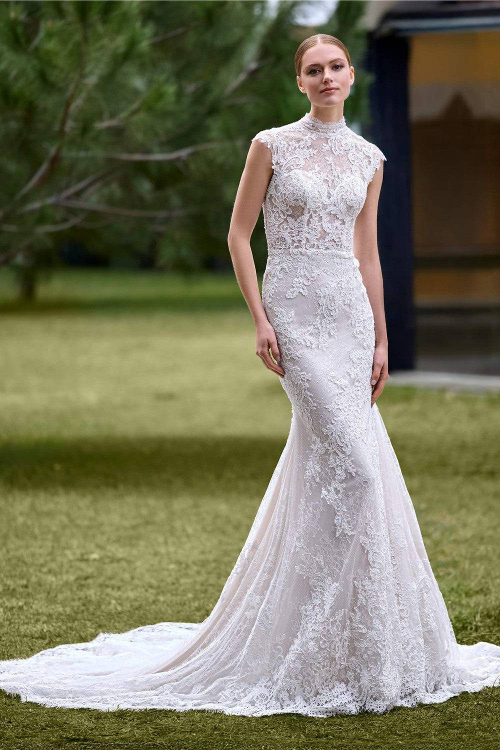 Lace High-Neck Cap Sleeve Fit-And-Flare Wedding Dress With Buttons by Pronovias — image 1 of 2