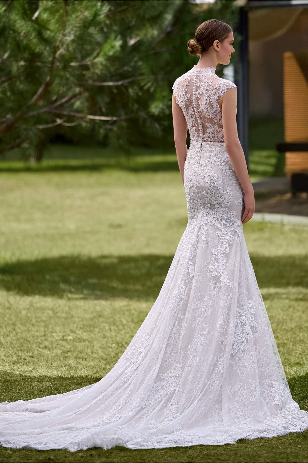 Lace High-Neck Cap Sleeve Fit-And-Flare Wedding Dress With Buttons by Pronovias — image 2 of 2
