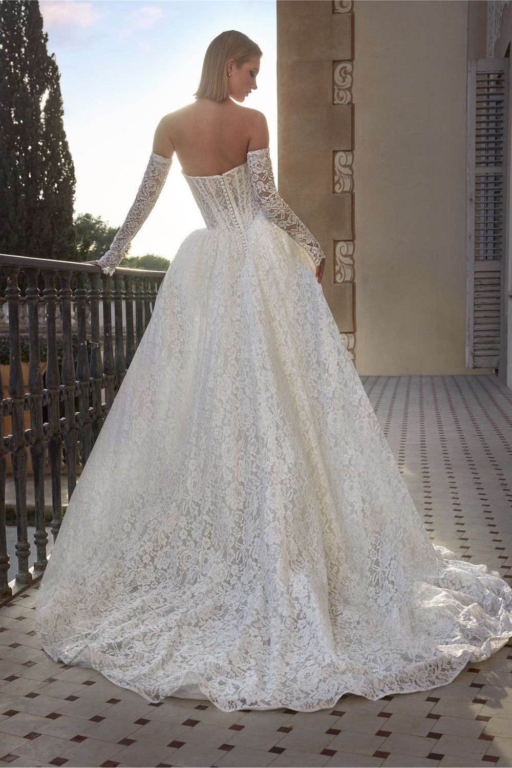 Strapless Lace Basque-Waist Ball Gown With Detachable Sleeves by Pronovias — image 2 of 2