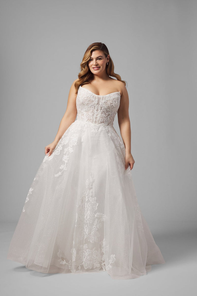 Plus-Size Sparkly Floral-Embroidered Tulle Ball Gown