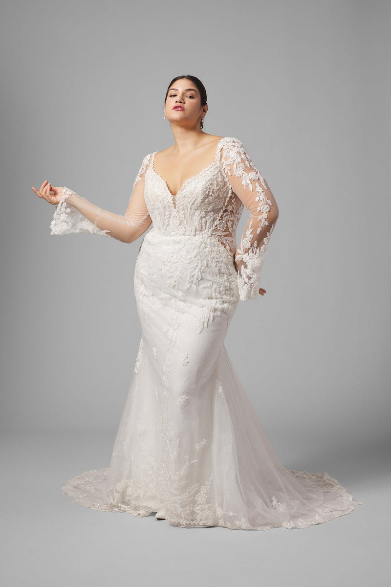 Plus-Size Sparkly Lace Long Sleeve Fit-And-Flare Wedding Dress With Open  Back