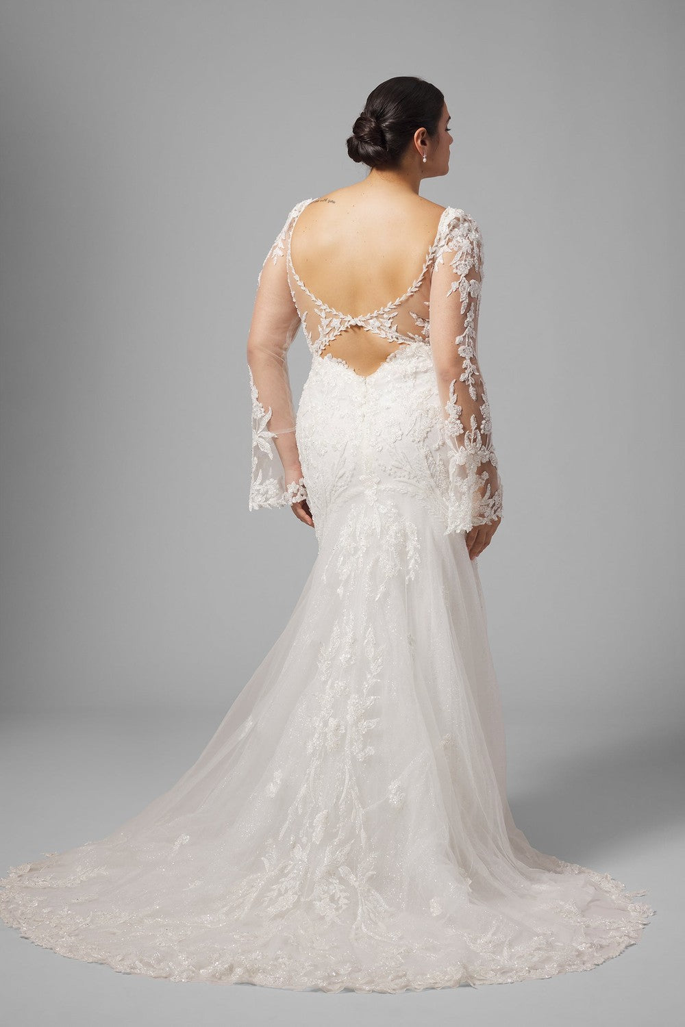 Plus-Size Sparkly Lace Long Sleeve Fit-And-Flare Wedding Dress With Open Back | Kleinfeld Bridal Plus-Size Sparkly Lace Long Sleeve Fit-And-Flare Wedding Dress With Open Back | Kleinfeld Bridal