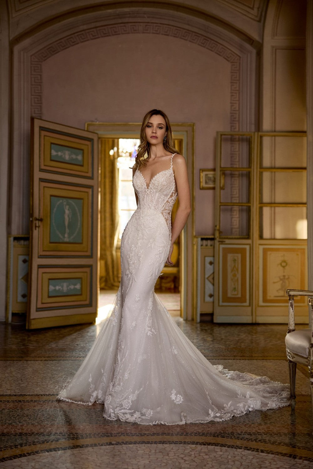 Plus-Size Sparkly Lace Long Sleeve Fit-And-Flare Wedding Dress With Open  Back