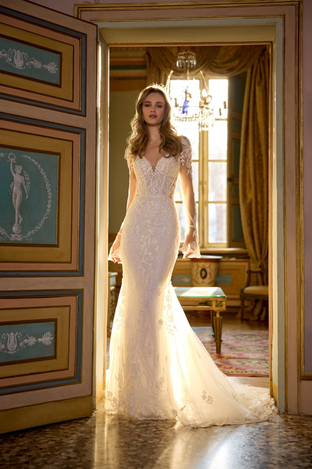 Sparkly Lace Long Sleeve Fit-And-Flare Wedding Dress With Open Back by Randy Fenoli — image 1 of 2