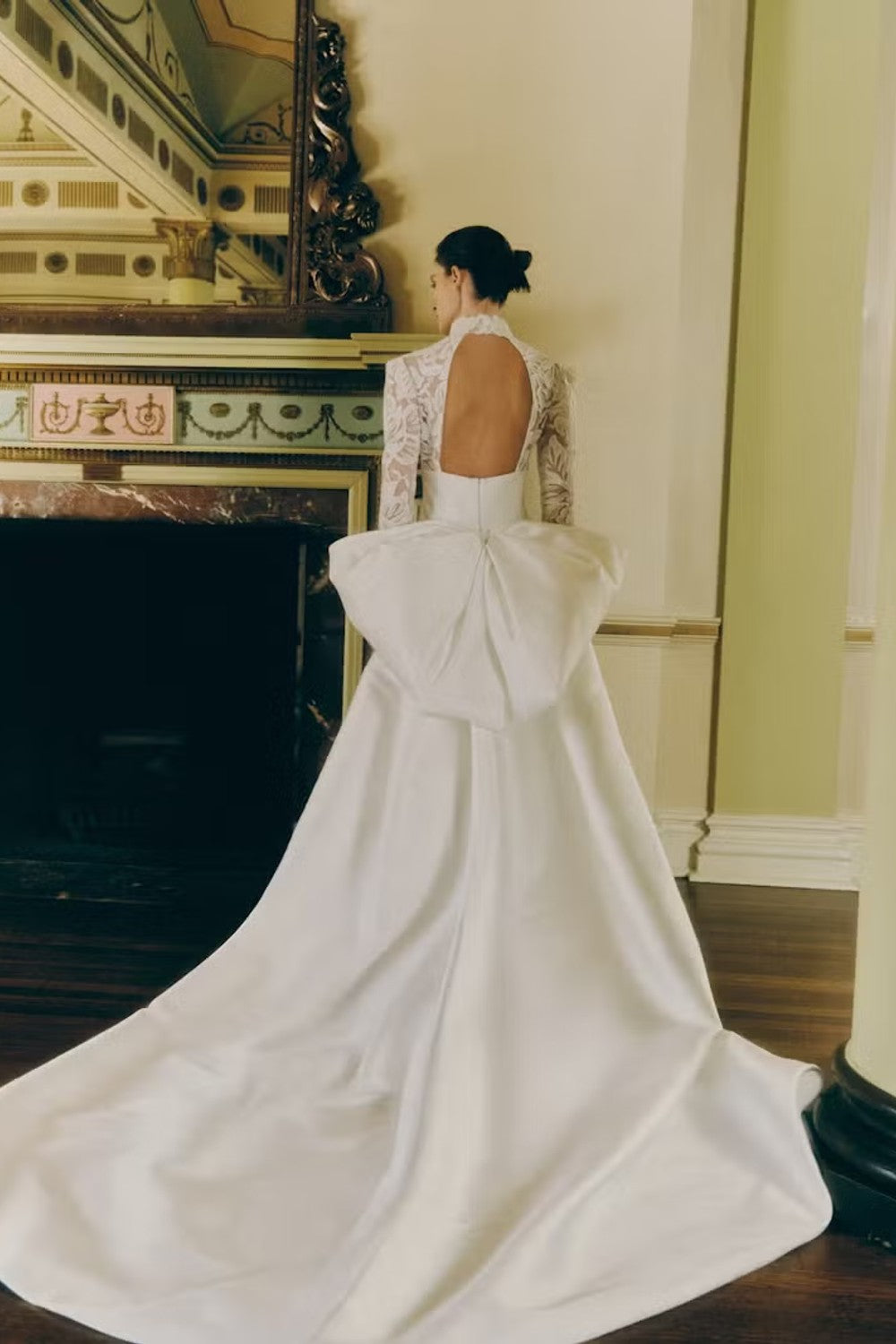 Sophisticated High-Neck Long Sleeve Fit-And-Flare Wedding Dress With Bow