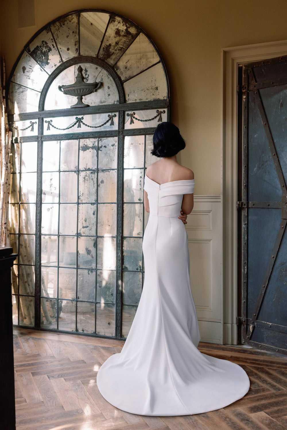 Simple Crepe Off-The-Shoulder Fit-And-Flare Wedding Dress by Sareh Nouri — image 3 of 4