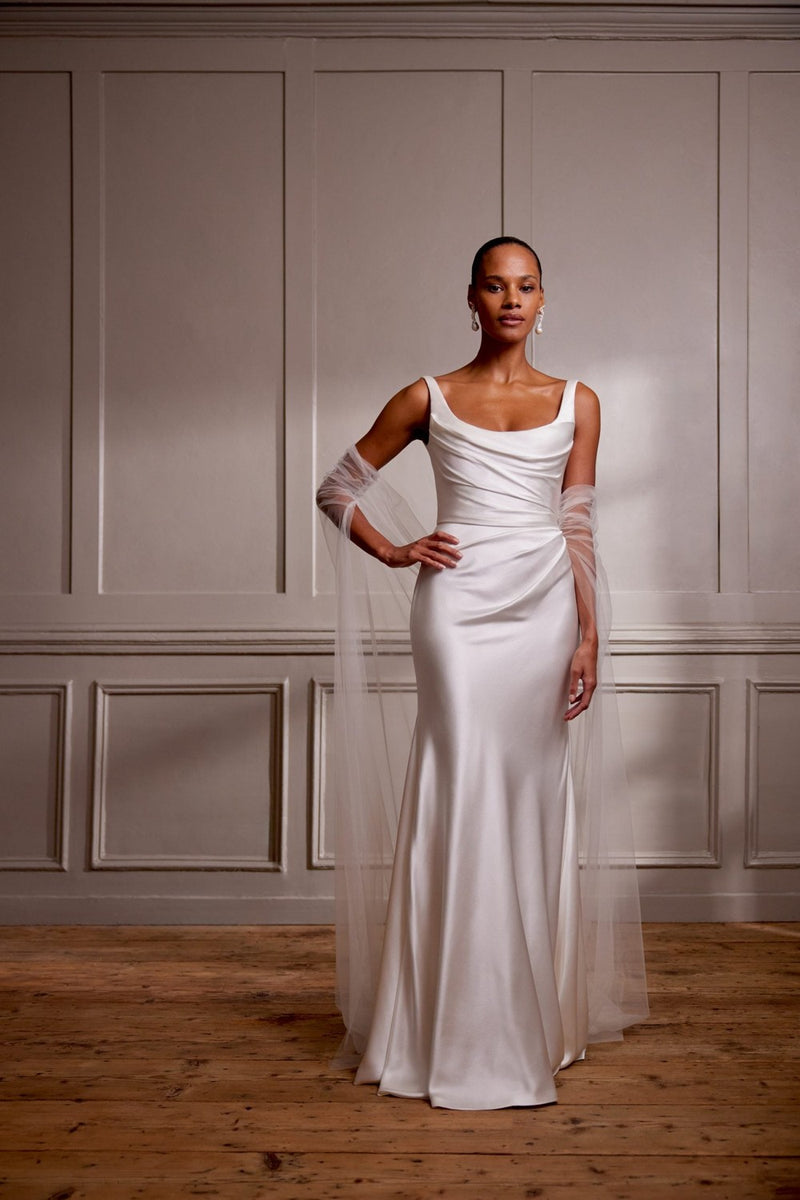 long cape dress zara Chic And Simple Scoop-Neck Sheath Wedding Dress With Open Back And Cape