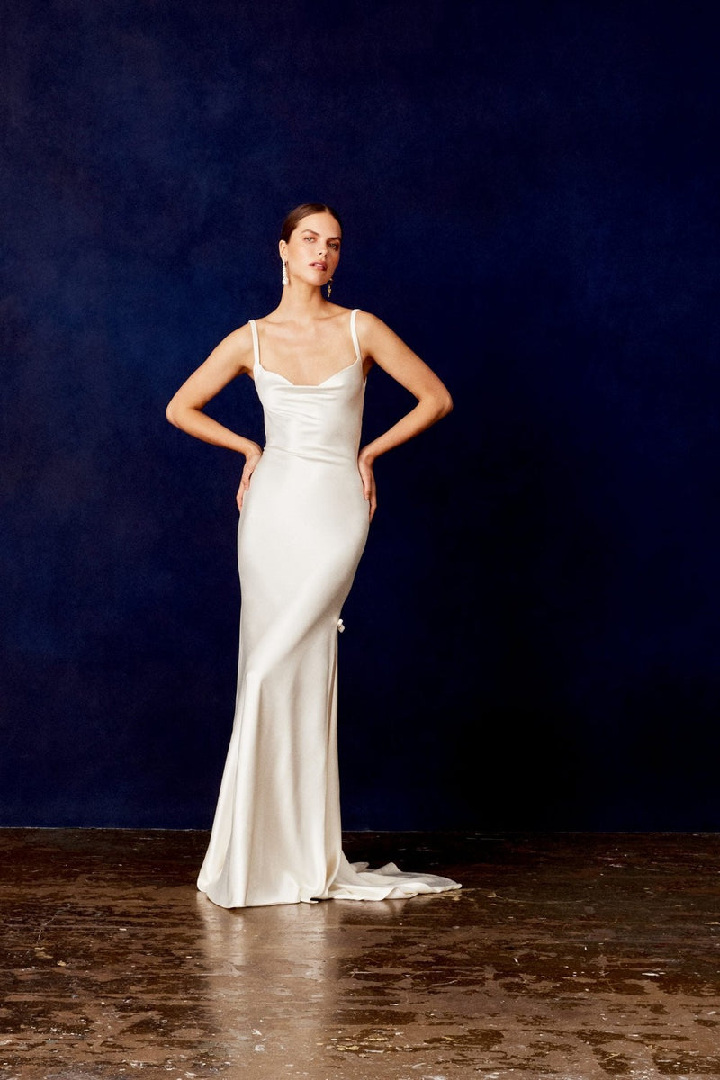 Chic And Simple Silk Satin Sheath Wedding Dress With Bows